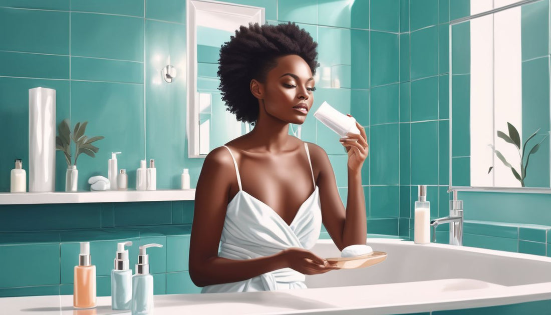 woman applying skincare products in a bright, modern bathroom