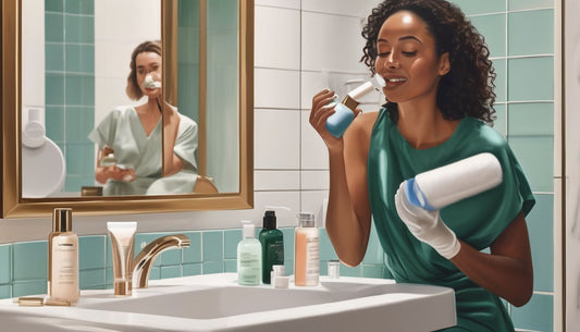 woman applying skincare products in a bathroom